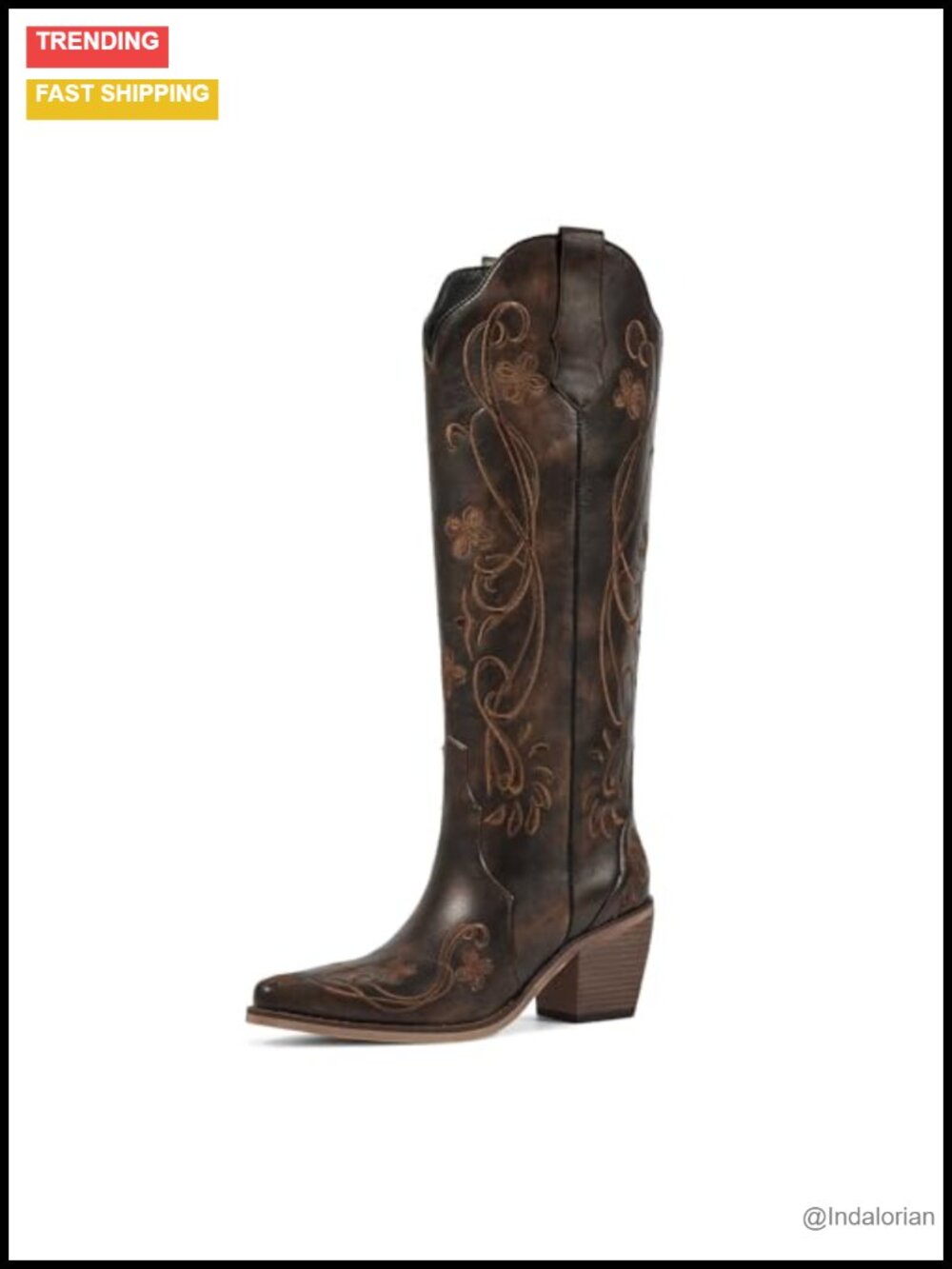 Wetkiss Knee High Cowboy Boots Faux Leather Floral Embroidery Western Pointed